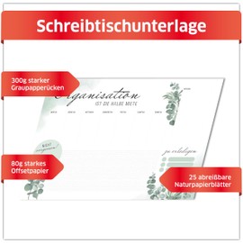 PRIMUS PRINT Eucalyptus Desk Pad Paper DIN A2 Underlay Desk Tear-Off Pad 80 g Thick Natural Paper Sturdy Cardboard Back 25 Sheets [Motif: Eucalyptus without Skirting Board]