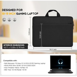 18-19 inch Gaming Laptop Case Sleeve for Dell Alienware 18 Area-51 / m18 / m18 R2, ASUS ROG Scar 18 2025 2024 / Strix G18, Predator Helios 18 / Neo 18, Padded Laptop Carrying Bag Cover w/Handle-Black