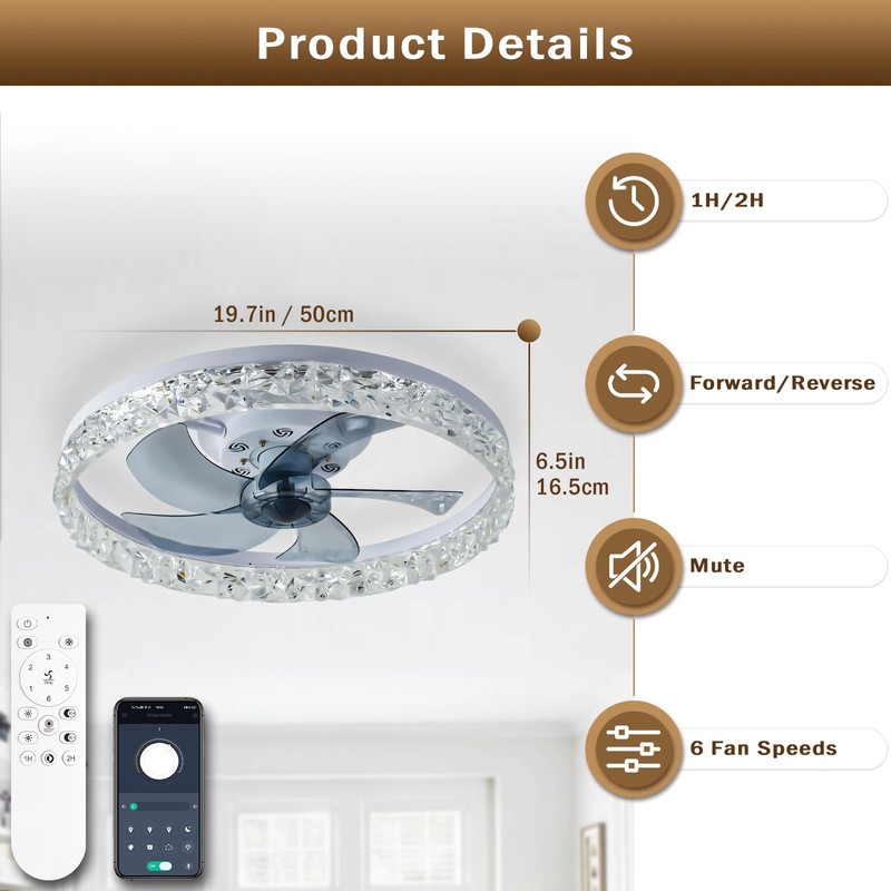 diisunbihuo 20" Modern LED Ceiling Fan with Lights and Remote,