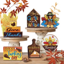 Uruney Thanksgiving Tiered Tray Decor, Fall Turkey Thankful Give Thanks Tray Decorations, Autumn Gobble Wobble Wooden Signs, Pumpkin Pie Rustic Farmhouse Home Decor for Table Shelf Mantel Party
