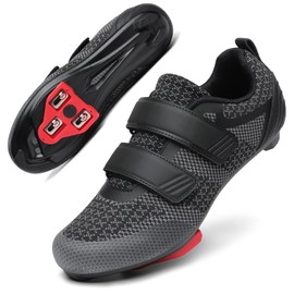 Unisex Road Bike Cycling Shoes Compatible with Peloton Shimano SPD Bike Riding Shoes for Men Women, 3 Straps, Pre-Installed Delta Cleats for Indoor Outdoor Cycling Biking Size 7 (Black-Two)