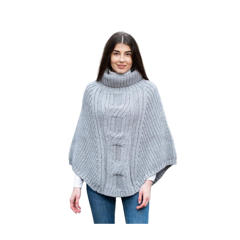 SAOL 100% Merino Wool Cable Knit Ladies Poncho Sweater (Grey)