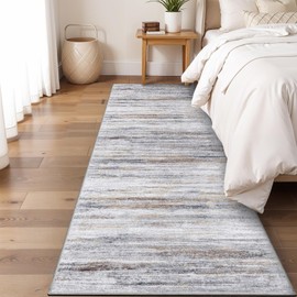 2x5 Washable Runner Rug for Family: Easy-to-Clean Runners for Hallway Entryway Bedroom - Stain and Water Resistant Rugs with Non-Slip Backing - Soft Low-Pile Carpet Beige Grey