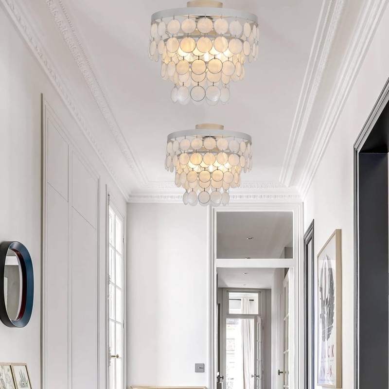 Topaluce Boho Capiz Shell Chandelier 3-Light Round Silver Coastal Ceiling