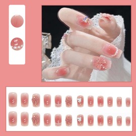 Gifiky Short Gradient False Nails Square Press on Nails Pearls Nails Tips Full Cover Butterfly Fake Nails for Women and Girls 24Pcs