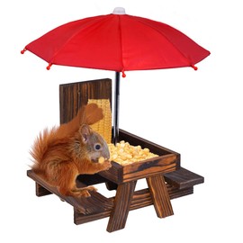 JETAINE Squirrel Feeder Picnic Table with Umbrella and Corn Cob Holder, New Premium Gift for Squirrel and Chipmunk Lover, Outdoor Garden Ornament for Bird Squirrel Wildlife Animal Bench Feeder Station
