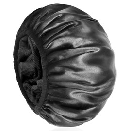 BYHOYULU Shower Cap, Extra Large Triple Layer Bathing Cap for Women Long Hair - 100% Waterproof Reusable Adjustable Size Washable with Dry Hair Function Microfiber Terry Cloth Silky Satin Bath Cap(Black)