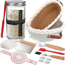 Sourdough Starter Kit 8-Piece Banneton Bread Proofing Basket Set with 32oz Jar, Dough Whisk, Lame & More Cotton Blend Baking Supplies for Sourdough Bread