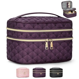 IGOLUMON Makeup Bag Toiletry Bag Women Travel Cosmetic Bag Waterproof Toiletries Bag Quilted Make Up Bag Organizer Double Deck Makeup Bags Cosmetic Makeup Pouch Skincare Bag Portable Purple