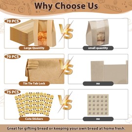 Sublaga Bread Bags with Tin Tie Tab Lock, 70 Pack Large Kraft Paper Sour Dough Bag for Homemade Bread Sourdough Bags 14" x 8.3" x 3.5" for Treat Packaging Storage Gift Giving with 75 Pcs Seal Sticker
