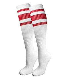 juDanzy Premium Triple Stripe Adult Tube Socks (Adult Small (Shoe size 5-9), White with Red Stripes)
