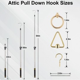 Gzlozak Ladder Pull Down System Kit, 38" to 64" Attic Ladder Pull Cord Telescopic Heavy Duty Cord Replacement for Attic Door Awning Pull Rod Stainless Steel with Comfort Sponge Grip Silver