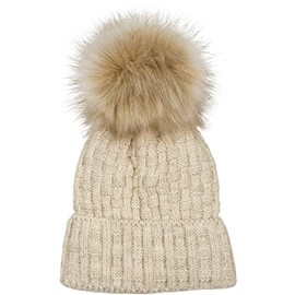 styleBREAKER Unisex Knit Pompom hat with Woven Pattern and Thermo Fleece Lining, Winter Fur Bobble hat, Fake Fur, Made in Poland 04024171, Colour:Beige