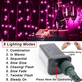 66 ft 200 LED Pink String Lights, Pink Christmas Lights Plug in, Indoor Outdoor Connectable 8 Modes Clear Wire Twinkle Fairy String Lights for Valentine's Day Xmas Tree Wedding Bedroom Party