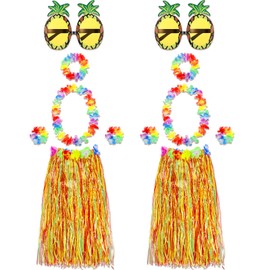 2 Sets 60 cm Hawaiian Hula Grass Skirt with Pineapple Sunglasses Flower Accessories, Straw (Colorful Skirts)