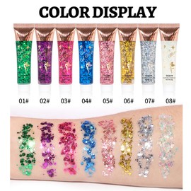 Pack of 8 Body Glitter Gel, Glitter Sequins Chunky Glitter Liquid Gel Mermaid Sequins Chunky Glitter Liquid Gel, Glitter Face Body for Face Hair Lips Nails Make Up Cosmetics Festival Party