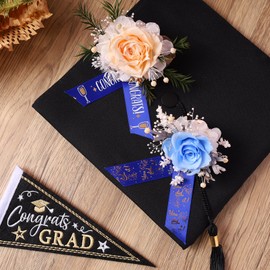 LaRibbons Graduation Ribbon 1 Inch x 10 Yards 3 Rolls, Blue and White Gold Congrats Grad Satin Ribbon for Gift Wrapping Class of 2025 Graduation Party Decorations DIY Crafts, Lei Making