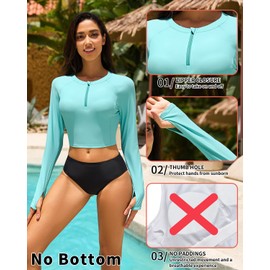 WOWENY Women's UV Protection Rash Guard Long Sleeve Crop Top with Zip Swimwear for Swimming & Water Sports, blue, L