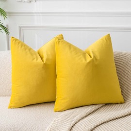 JUSPURBET Yellow Velvet Throw Pillow Covers 18x18 inch Set of 2 for Living Room Couch Sofa Bedroom Fall Decorative Soft Cushion Cases with Invisible Zipper