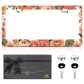 XCLPF Orange-Red Vibrant Floral License Plate Frame for Cars – 2-Hole Aluminum Alloy Car Plate Cover Holder with Gift Box, Rustproof Auto Gift, Universal 12x6 Inch