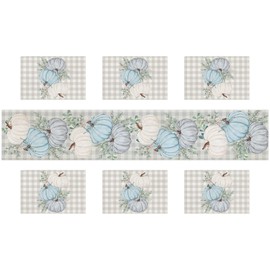 Coonoor Autumn Table Runner and Placemats Set of 6 - Three Blue Pumpkins Eucalyptus Autumn Table Runner Place Mat Washable Table Runner Autumn Decoration Table Runner for Kitchen Table Party Holiday