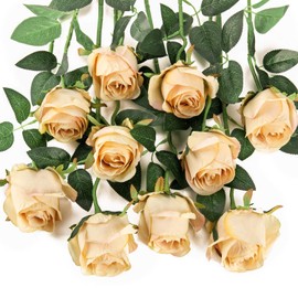 Flojery 10pcs Artificial Rose Flowers Long Stem Fake Silk Roses for DIY Wedding Bouquet Table Centerpiece Home Decor,Champagne