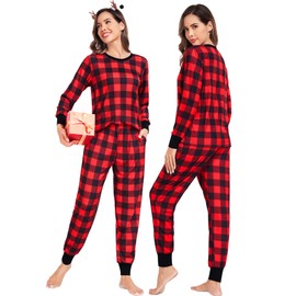 SWOMOG Women and Men Matching Holiday Sleepwear Couple Pajama Set Red Black Plaid Christmas X-Large Loungwear Sets