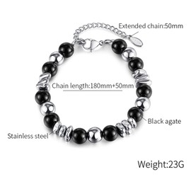 Balaijor Mens and Womens Agate Stone Bracelet Stainless Steel Bead Link Chain Bracelet(Black)