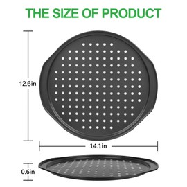 2 Pack 14 Inch Non Stick Pizza Tray, Perforated Baking Tray With Oil Brush and Scraper with Holes, Round Pizza Baking Pan with Handle for Baking Pizza Home Kitchen, Oven and Dishwasher Safe, Black