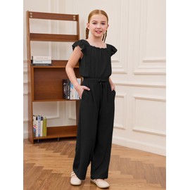 Haloumoning Girls Jumpsuits Kids Fashion Ruffle Sleeves Square Neck Rompers Drawstring Overalls with Pockets