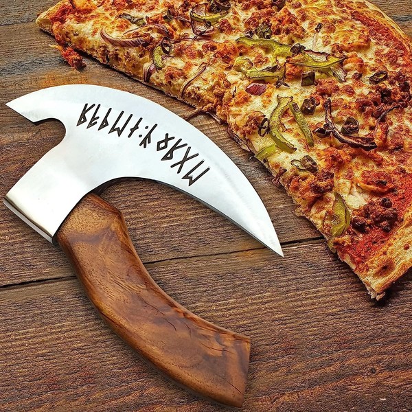 Viking Pizza Axe - Rose Wood Handle Viking Pizza Cutter Axe, Viking Pizza Axe with Sheath, Stainless Steel Viking Axe Head, Engraved Runes Viking Pizza Axe, Multipurpose Viking Axe/Viking Hatchet
