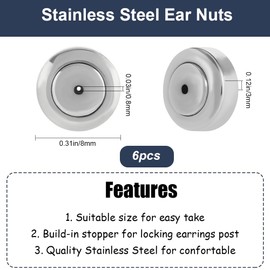 Beebeecraft 1 Box 6Pcs Earring Backs for Earring Studs 304 Stainless Steel Flat Round Ear Nuts Silver Locking Earring Stopper (Hole: 0.8mm/0.03inch)