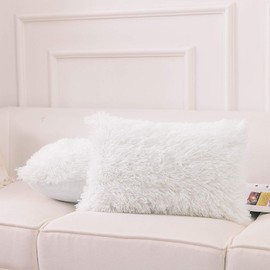 NordECO HOME Luxury Soft Faux Fur Fleece Cushion Cover Pillowcase Decorative Throw Pillows Covers No Pillow Insert 12" x 20" Inch White 2 Pack
