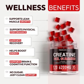 Creatine HCL for Adults 120 Gummies 6200mg - HCL Creatine Advanced Complex with L-Taurine + Vitamin B12 for Men & Women Muscle Strength & Builder, Energy Boost, Pre-Workout & Recovery Supplement