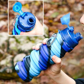 YCTMALL - Botellas de agua plegables para viajes, deportes, portátil, con hebilla de montañismo, 500 ml, silicona impermeable, botella de agua para acampar (color azul oscuro)