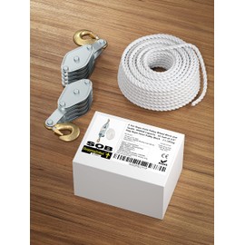 SoB Block and Tackle Pulley System for Lifting Heavy Objects - 4000LB Breaking Strength 65 Feet of 3/8" Rope - 7:1 Lifting Power - Heavy Duty Rope Hoist Pulley System for Garage Warehouse Building