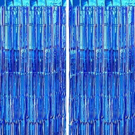 CHRORINE 2pcs 1m x 2.5m Blue Metallic Tinsel Foil Fringe Curtains, Party Streamers Backdrop for Kids Boy Birthday Baby Shower Bachelorette Bridal Shower Blue Party Decorations