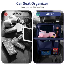 LUCMO Car Backseat Organizer with Tablet Holder-2 Pack,6 Storage Pockets Car Storage Organizer with Foldable Food Tray,Car Seat Back Protectors Kick Mats Travel Accessories-Dark Blue