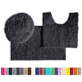 LuxUrux Bathroom Rugs 3pc Non-Slip Shaggy Chenille Bathroom Mat Set, Includes U-Shaped Contour Toilet Mat, 20 x 30'' and 18 x 20'' Lid Cover Bath Mat, Machine Washable (3 Pc Set - Style B, Charcoal)