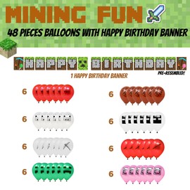 Blue Orchards Mining Fun Banner and 48 Pcs Mining Fun Balloons - 10" Printed Latex Balloons, Mining Themed Party Supplies, Mining Party Decorations, Happy Birthday Banner, Pixel Miner Party and Video