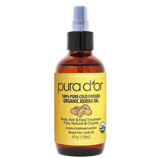 PURA D’OR Organic Jojoba Oil (4oz / 118mL) 100% Pure USDA Certified Premium Grade Natural Moisturizer: Cold Pressed, Unrefined, Hexane-Free Base Carrier Oil for DIY Skin Care, Hair, Face & Nails