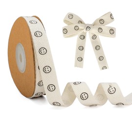 FQTANJU Smiley Faces Cotton Ribbon 5/8 Inch x 10 Meters Natural Twill Tape Herringbone Cotton Crafts Gift Wrapping Ribbon for Crafts Supplies Holiday Party Gifts Wrapping Ribbons