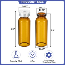 PATIKIL 20ml Sample Vials, 8 Pack Lab Empty Vials with Butyl Rubber Stopper and Crimp Top Caps Borosilicate Glass Vial, Amber