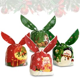 Yeabomy Christmas Candy Bags 100Pcs,4 Style Christmas Candy Bags，Cute Rabbit Ear Christmas Goodie Bags Christmas Cookie Bags for Christmas Party