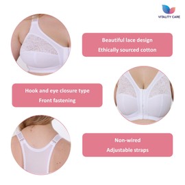 Vitality Care Ladies Womens Front Fastening Non Wired Firm Support White Lace Non Padded Bra 38D