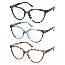 KoKoBin Cat Eye Reading Glasses for Women 3 Pack Stylish Design lue Light Blocking Spring Hinges Readers +2.0