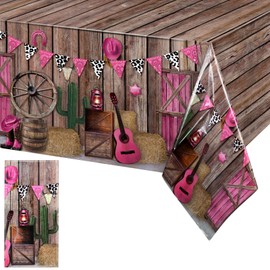 Tiamon 1 Pieces Western Party Tablecloth Cowgirl Table Cover Pink Western Cowgirl Plastic Tablecloth Disposable Wild West Table Cover for Baby Shower Birthday Party Supplies, 54 X108 Inch