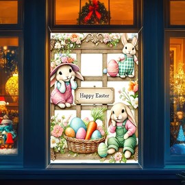 BlissYard Happy Easter Window Cover Banner 31x47 Inch Rabbit Spring Background Banner Easter Window Cover Party Bunny Banner Decoration Spring Easter Window Decoration Happy Easter Party Decor