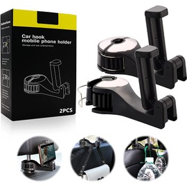 2 Pcs Car Headrest Hooks, Car Seat Hooks with Phone Holder, Upgraded Car Hooks, 360° Rotation Headrest Hooks, Hidden Car Hook for Bag, Purse, Groceries