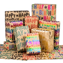RUSPEPA Kraft Paper Sheets - Colourful Happy Birthday Design - 12 Folded Sheets - 50 x 70 cm